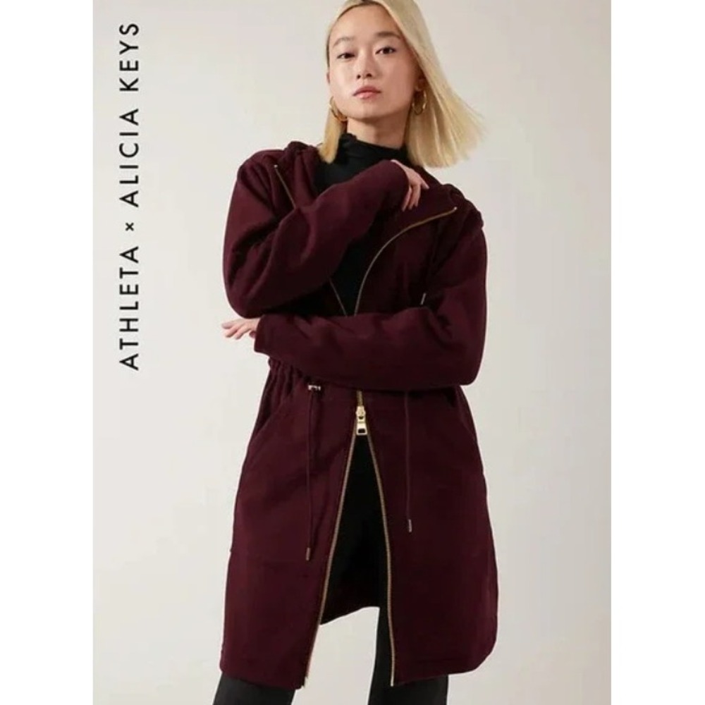 Athleta x Alicia Keys Embrace Burgundy Puffer Coat Jacket Size M Down Hooded Lux